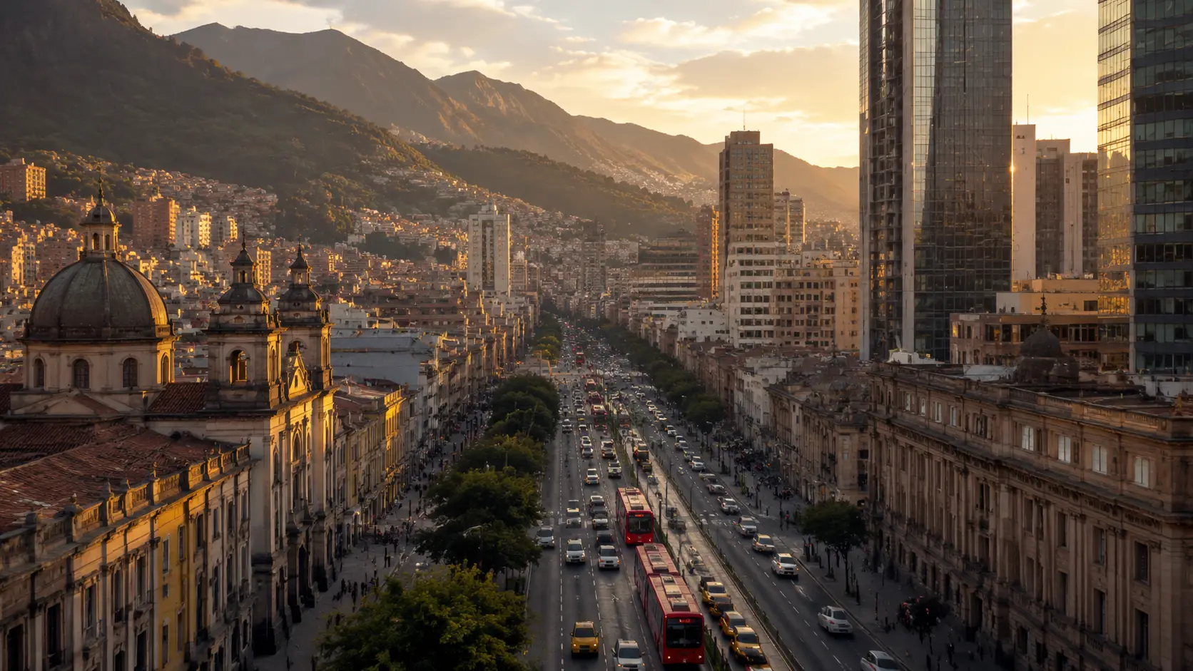 Avenida de Bogotá al atardecer con arquitectura colonial y edificios modernos de vidrio contrastando, buses rojos tipo TransMilenio en la vía, y los cerros orientales de fondo