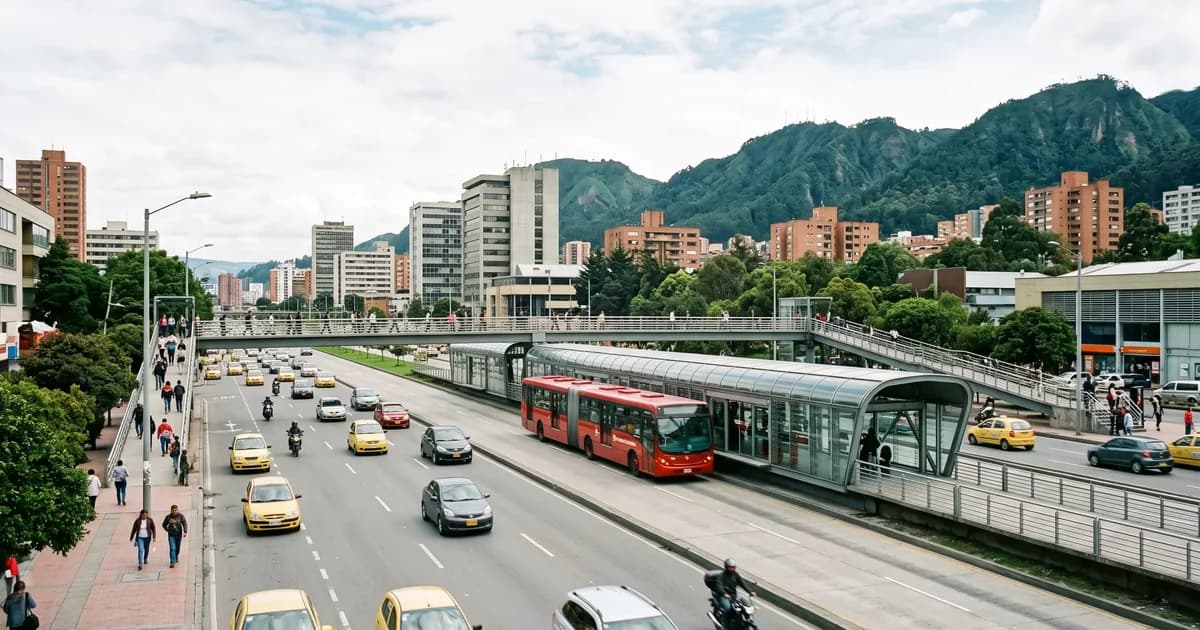 Estación de TransMilenio con un bus rojo articulado junto a una avenida ancha de Bogotá, con los cerros al fondo