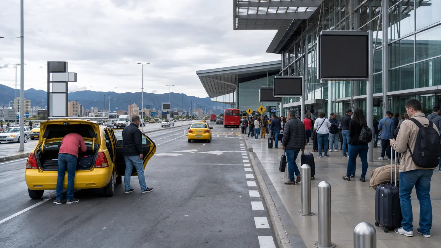 Pasajeros con maletas esperando taxis amarillos frente a la terminal del aeropuerto El Dorado, con los cerros de Bogotá al fondo