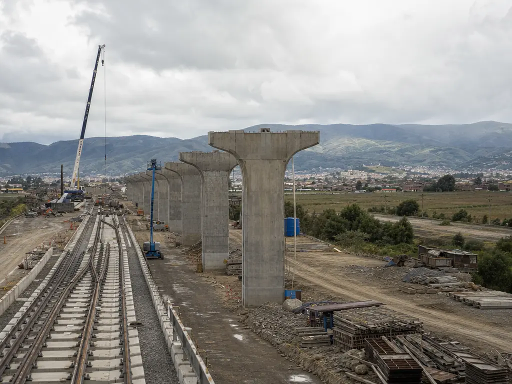 Obra en construcción de un viaducto ferroviario, con pilares de concreto y vías siendo instaladas en un paisaje de sabana con montañas al fondo