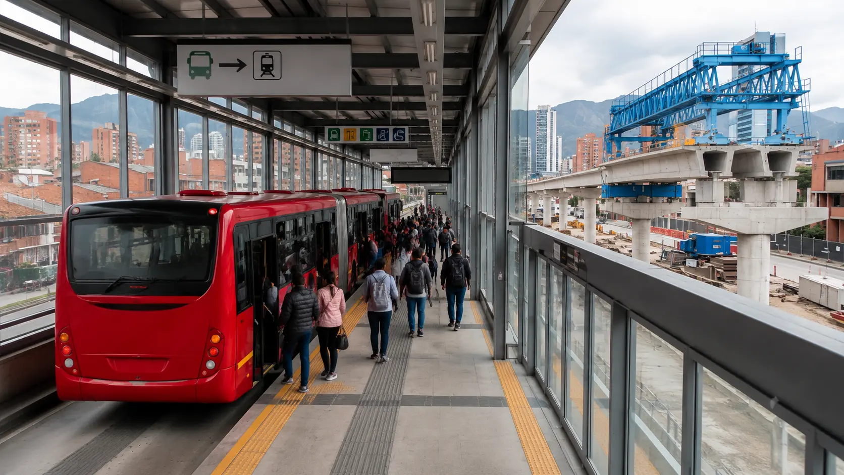 Fotografía de un bus articulado de TransMilenio en una troncal exclusiva de Bogotá, con la estructura elevada de la Línea 1 del Metro al fondo