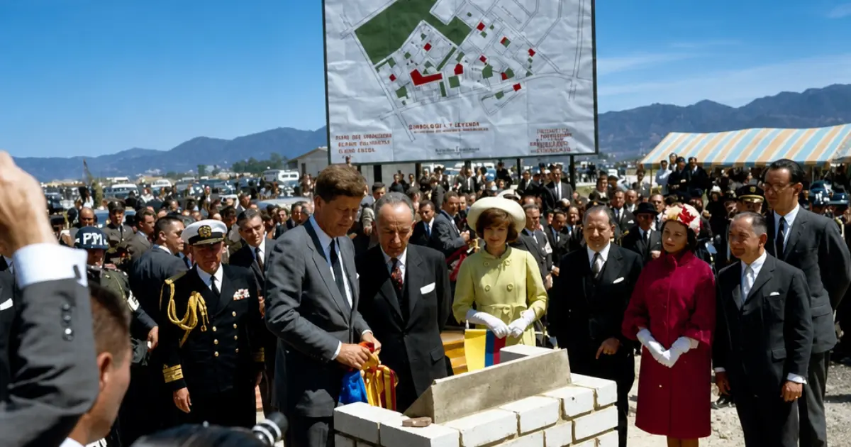 Fotografía histórica de John F. Kennedy y Jacqueline Kennedy en la ceremonia de la primera piedra del proyecto Ciudad Techo, Bogotá, 17 de diciembre de 1961