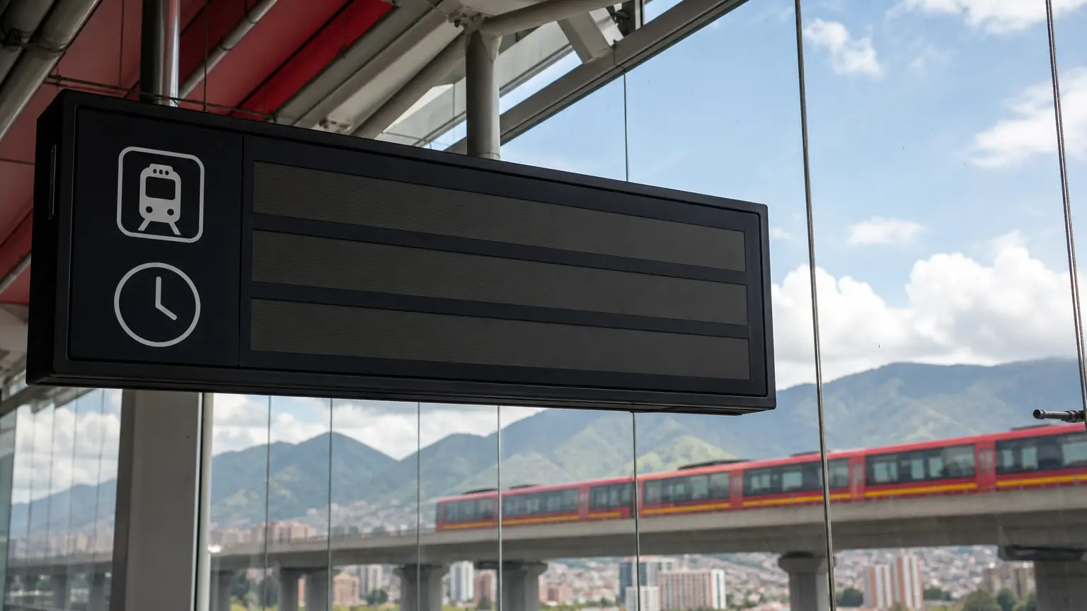 Panel informativo vacío de una estación, con pictogramas de tren y reloj, sin números ni texto, con un tren desenfocado y los cerros de Bogotá al fondo