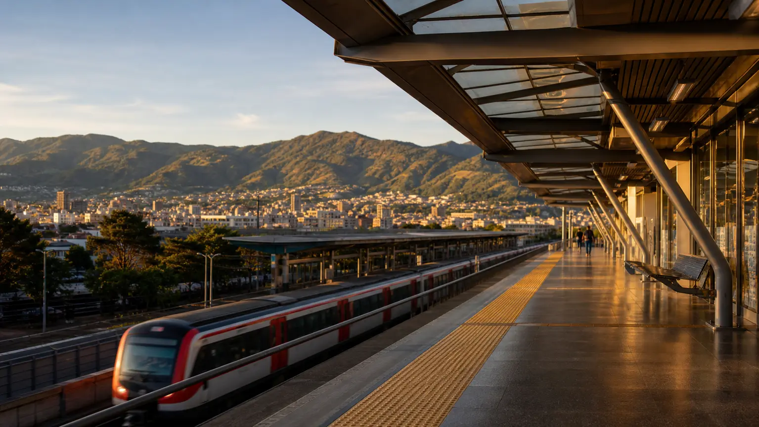 Andén elevado de una estación de metro con un tren llegando al atardecer
