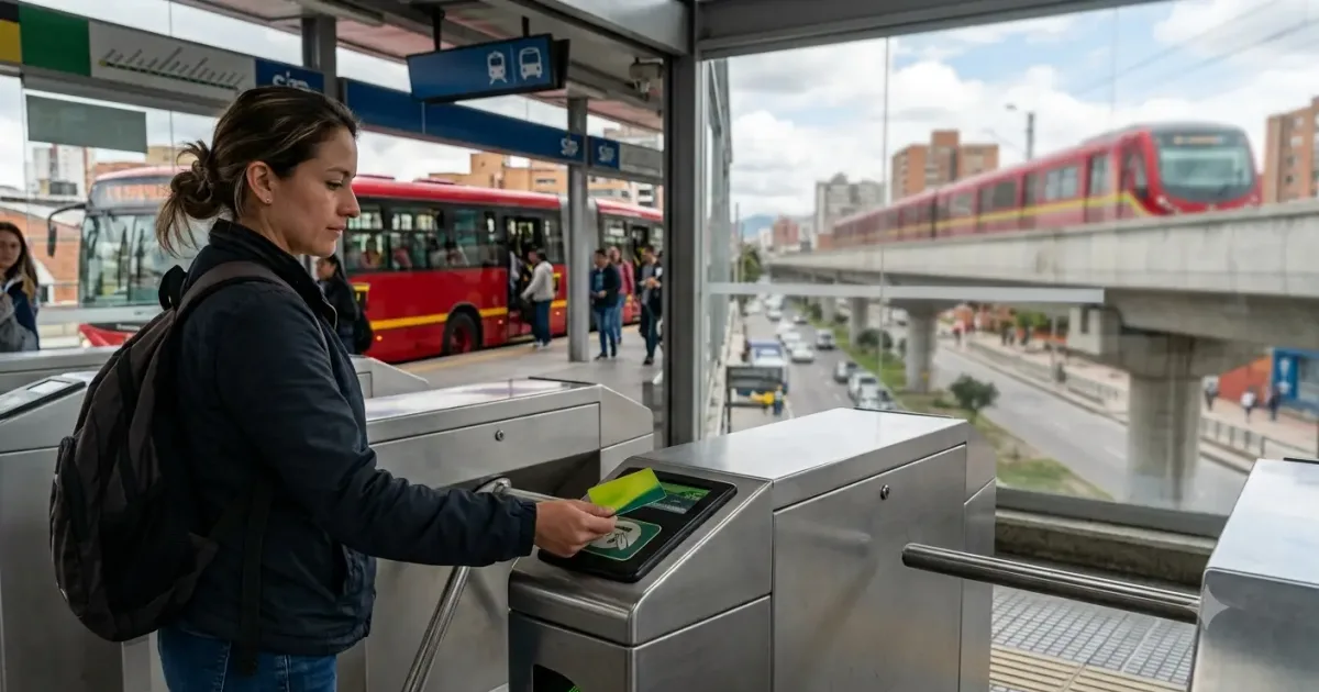 Tarjeta TuLlave junto a un torniquete de acceso del sistema integrado de transporte de Bogotá