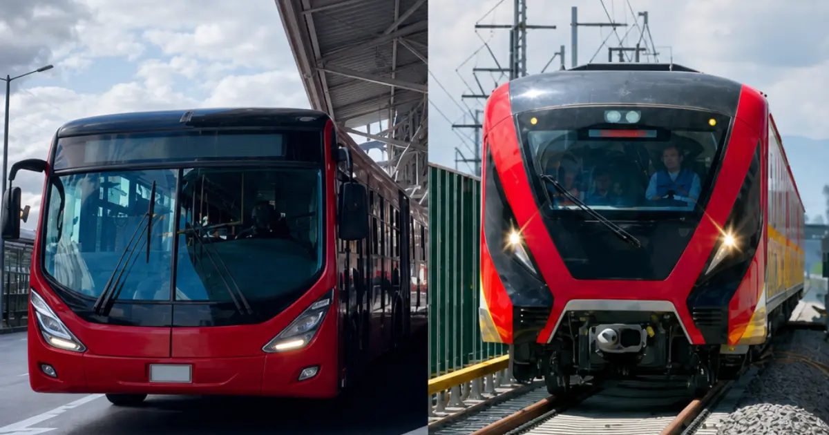 Un bus articulado de TransMilenio junto a un tren de la Línea 1 del metro, los dos sistemas que se conectan en Portal Américas