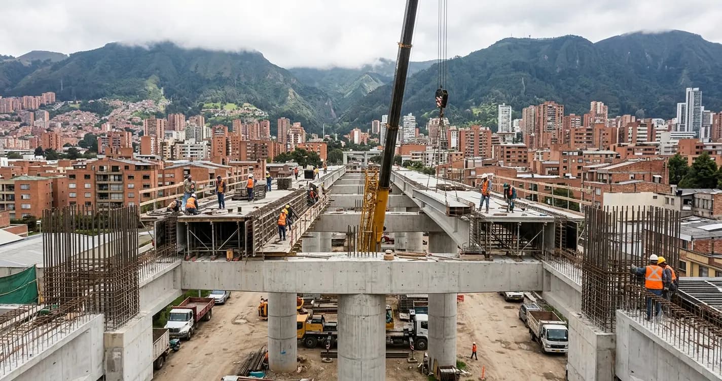 Elevated viaduct of Bogotá Metro Line 1 under active construction, with workers and a crane on the concrete and rebar structure, city skyline and mountains in the background