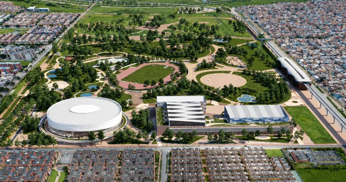 Vista aérea del Parque Metropolitano Gibraltar y el velódromo, junto a la estación Gibraltar
