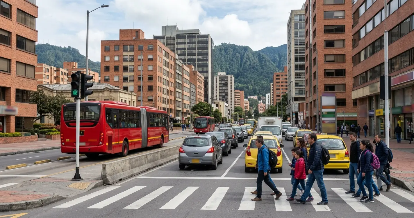 A Bogotá street with a TransMilenio articulated bus, a yellow taxi, and pedestrians crossing, city buildings and mountains in the background