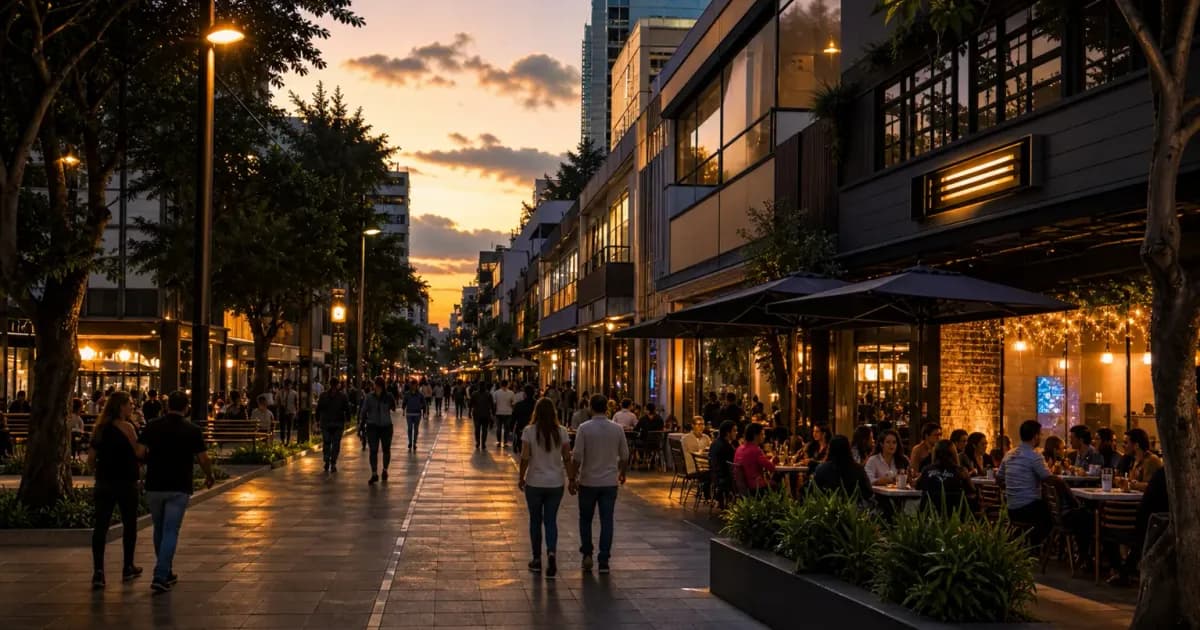 Calle peatonal de la Zona T en Bogotá con restaurantes y bares al atardecer